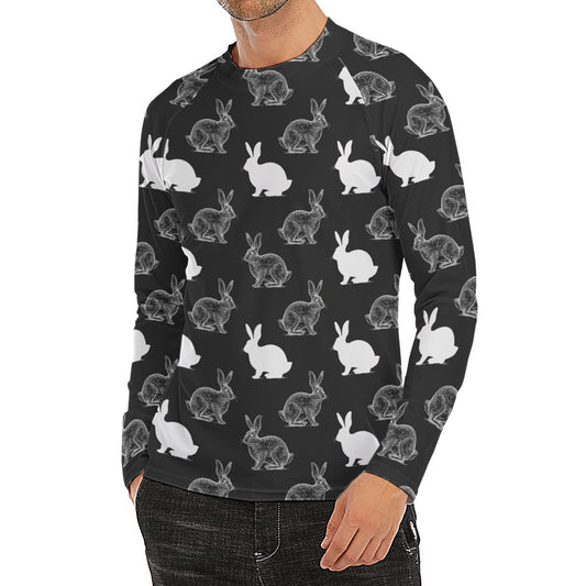 Black And White Rabbit Pattern Print Men's Long Sleeve Rash Guard