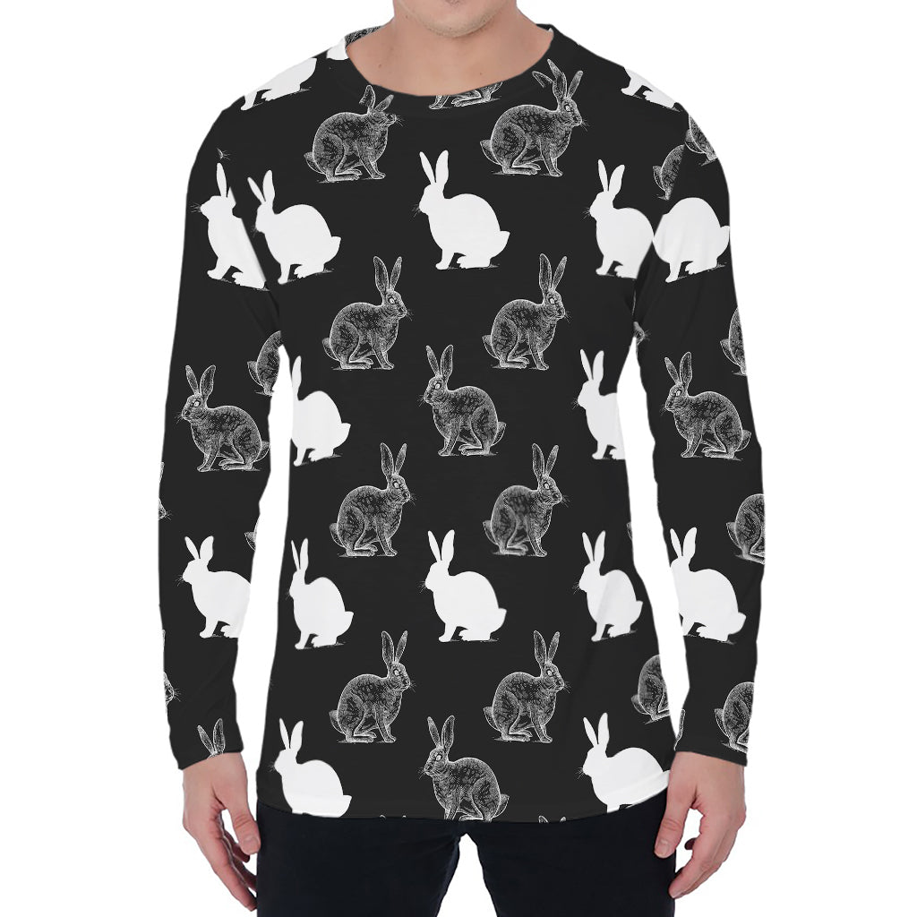 Black And White Rabbit Pattern Print Men's Long Sleeve T-Shirt