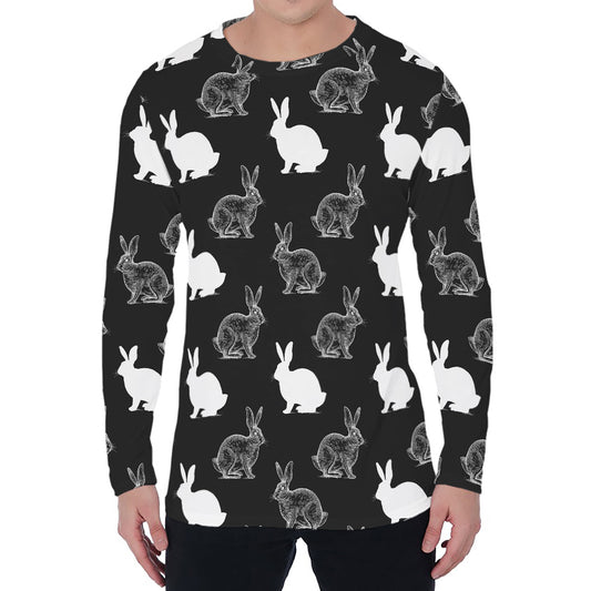 Black And White Rabbit Pattern Print Men's Long Sleeve T-Shirt