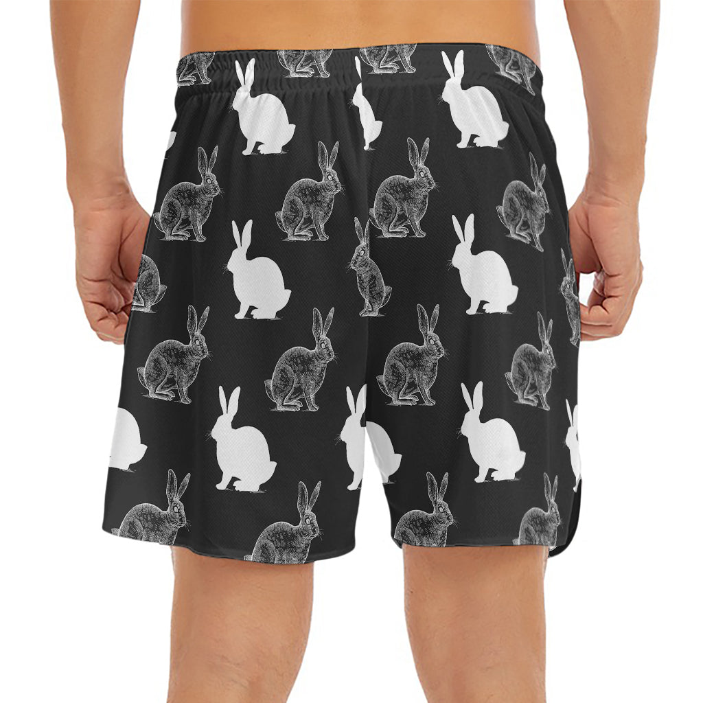 Black And White Rabbit Pattern Print Men's Split Running Shorts