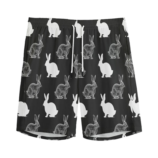 Black And White Rabbit Pattern Print Men's Sports Shorts