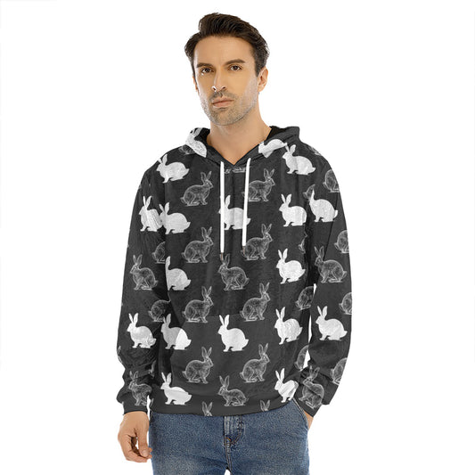 Black And White Rabbit Pattern Print Men's Velvet Pullover Hoodie