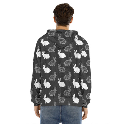 Black And White Rabbit Pattern Print Men's Velvet Pullover Hoodie