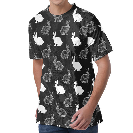 Black And White Rabbit Pattern Print Men's Velvet T-Shirt