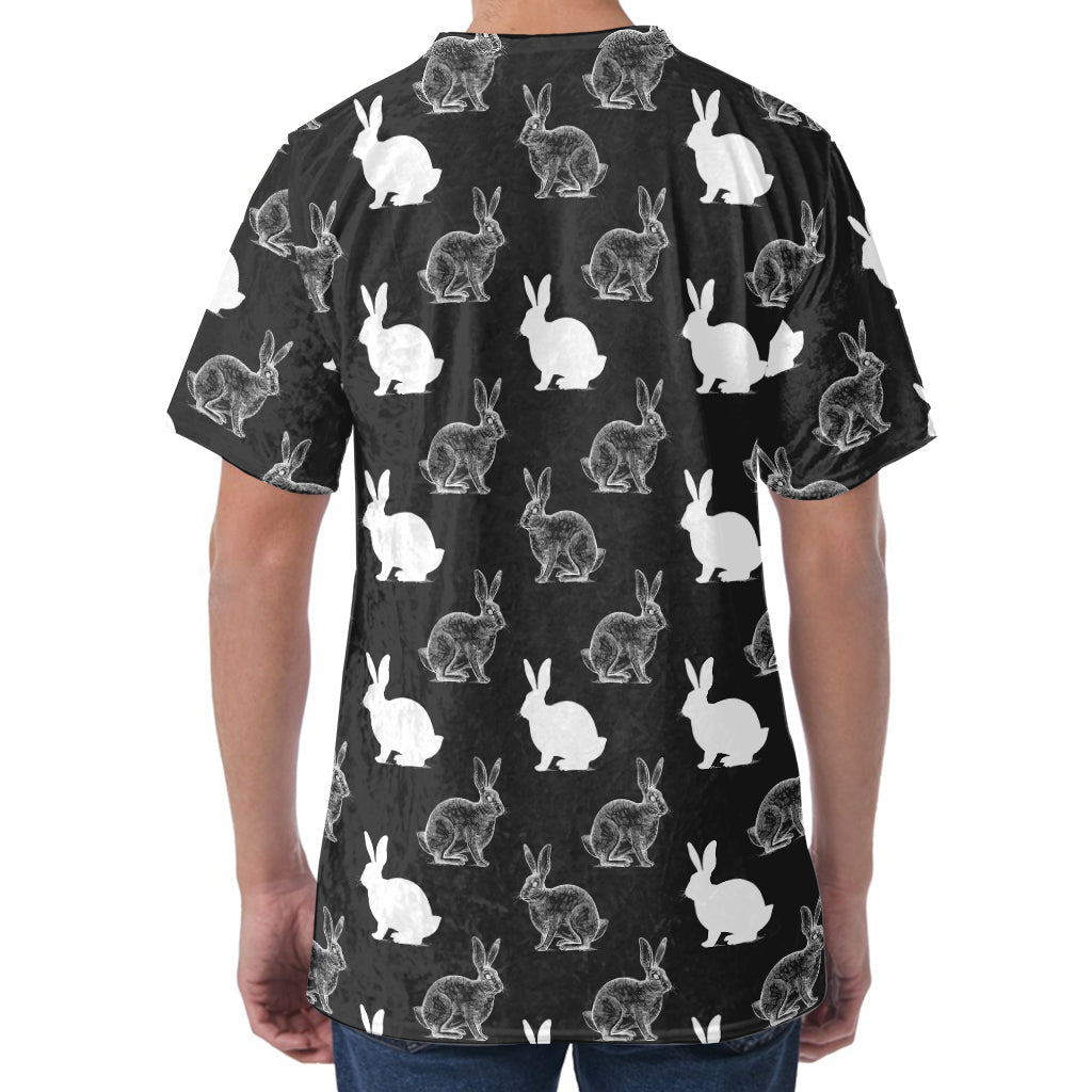 Black And White Rabbit Pattern Print Men's Velvet T-Shirt