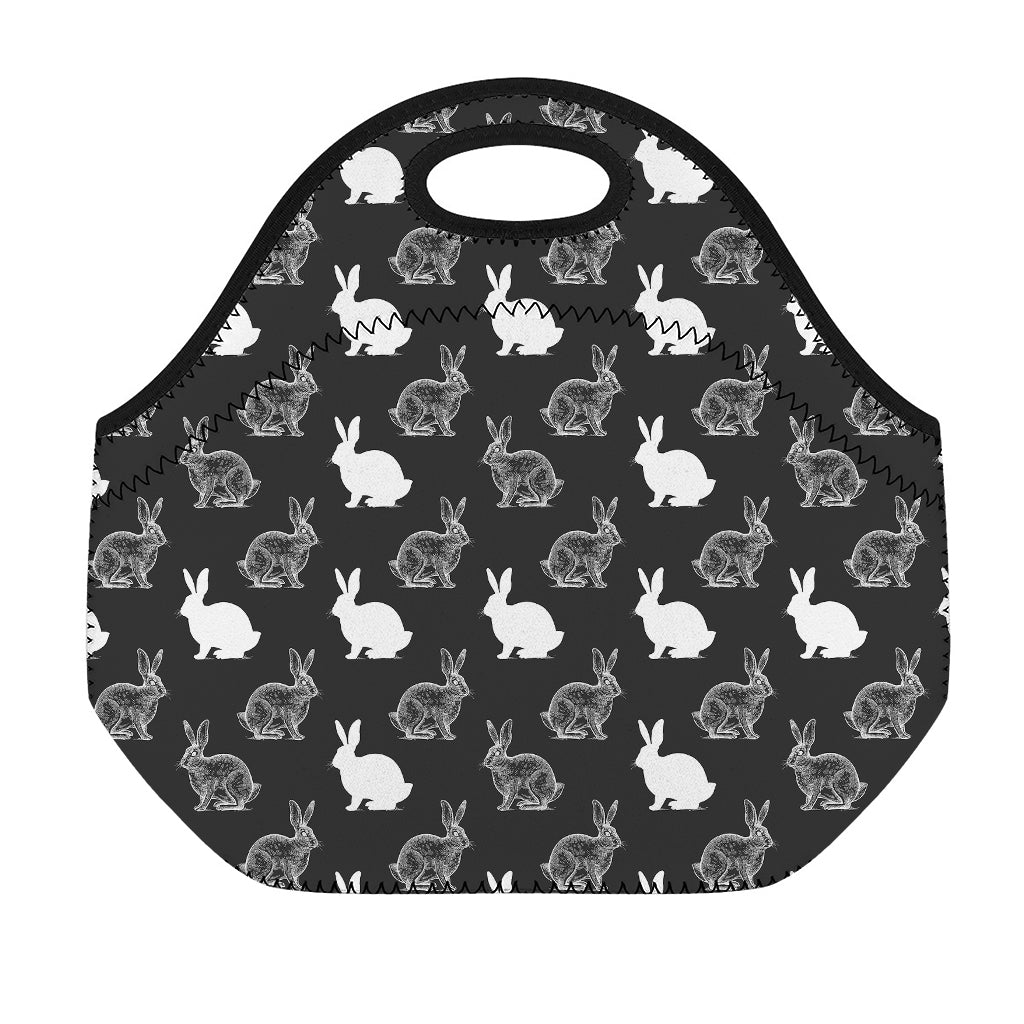 Black And White Rabbit Pattern Print Neoprene Lunch Bag