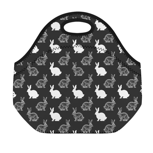 Black And White Rabbit Pattern Print Neoprene Lunch Bag