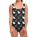 Black And White Rabbit Pattern Print One Piece Swimsuit
