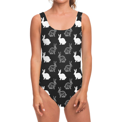 Black And White Rabbit Pattern Print One Piece Swimsuit