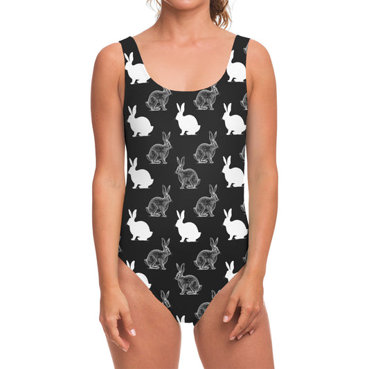 Black And White Rabbit Pattern Print One Piece Swimsuit