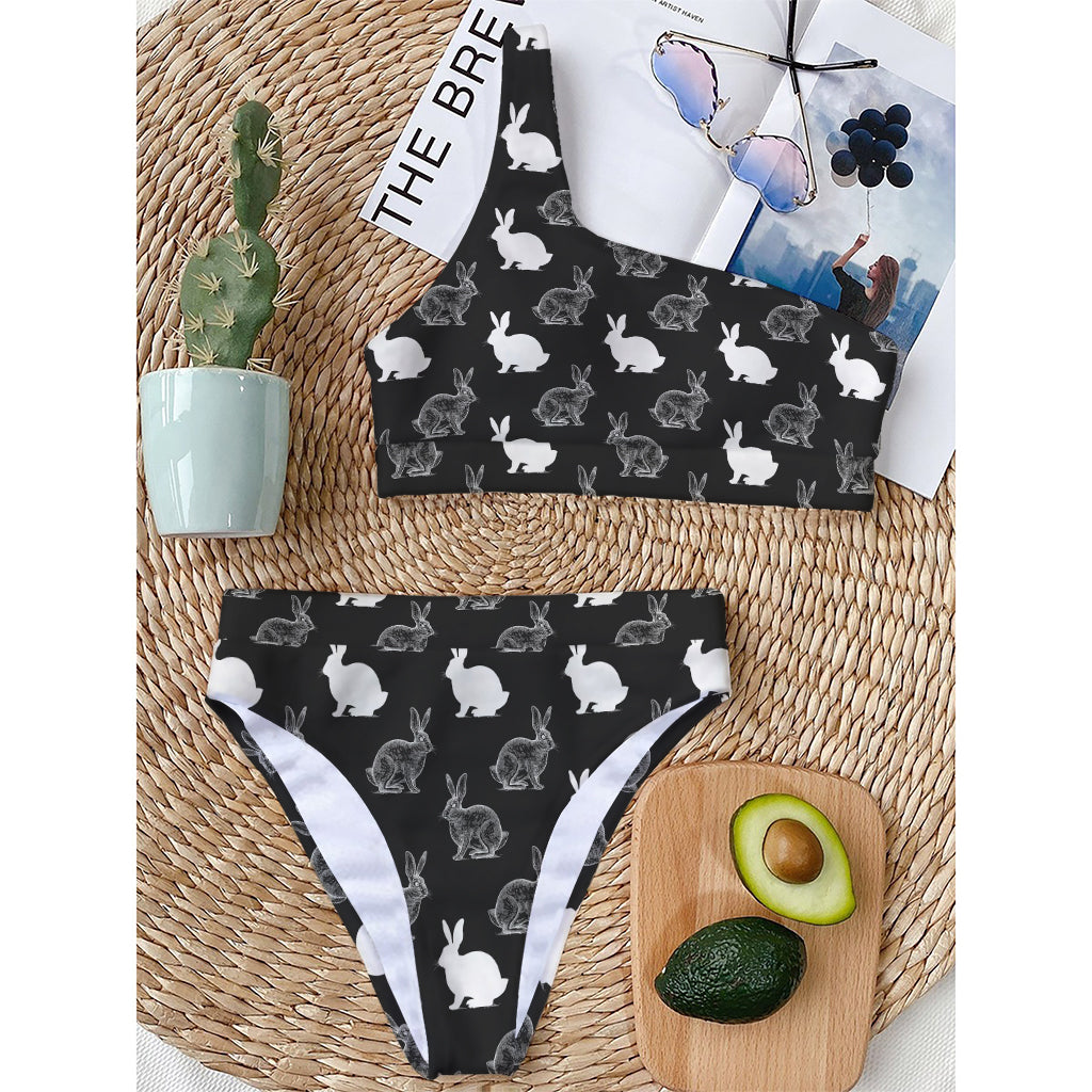 Black And White Rabbit Pattern Print One Shoulder Bikini Top