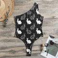 Black And White Rabbit Pattern Print One Shoulder Bodysuit