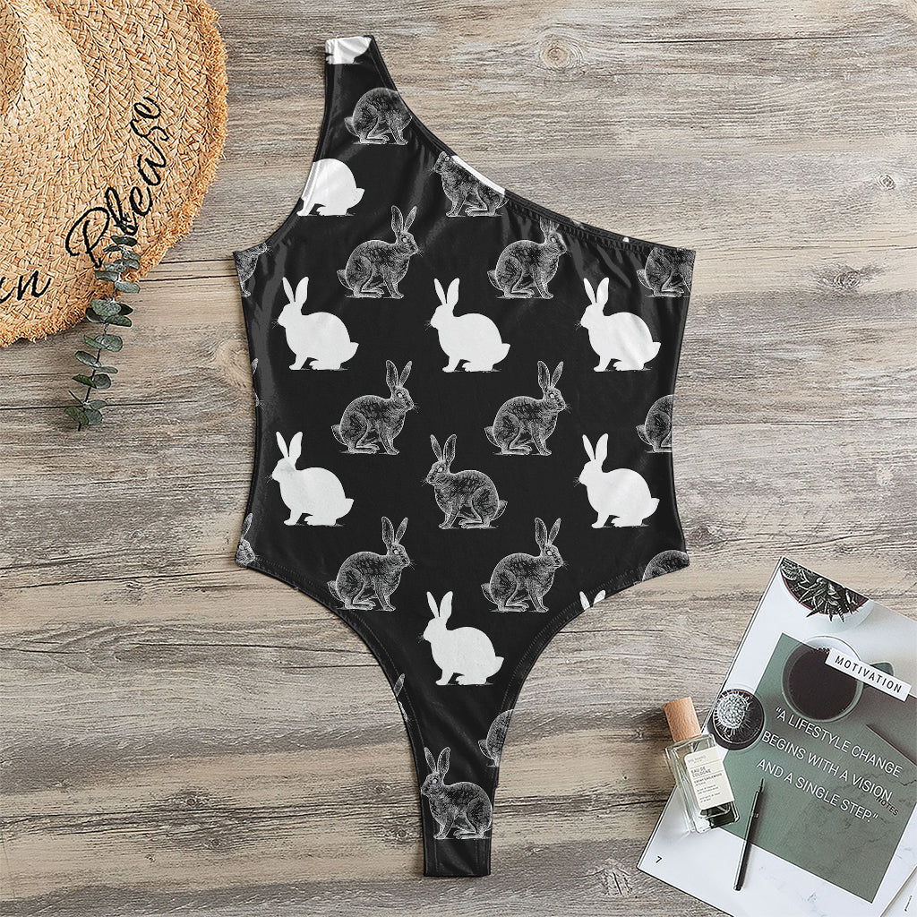 Black And White Rabbit Pattern Print One Shoulder Bodysuit