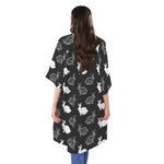 Black And White Rabbit Pattern Print Open Front Beach Cover Up