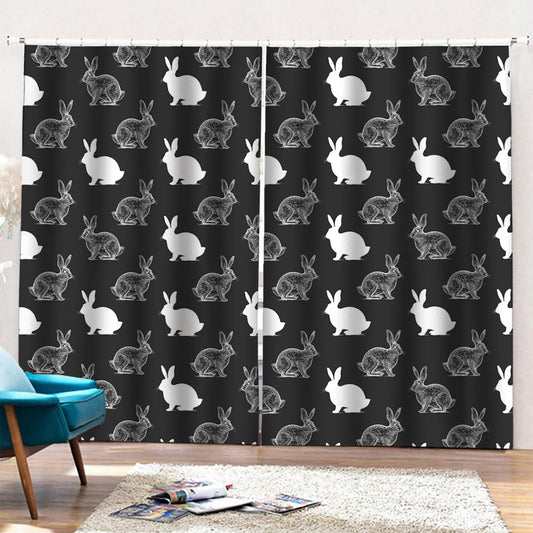 Black And White Rabbit Pattern Print Pencil Pleat Curtains