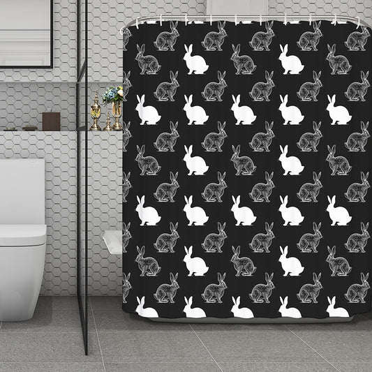 Black And White Rabbit Pattern Print Polyester Shower Curtain