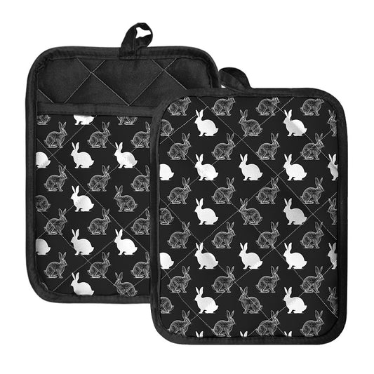 Black And White Rabbit Pattern Print Pot Holders With Pocket