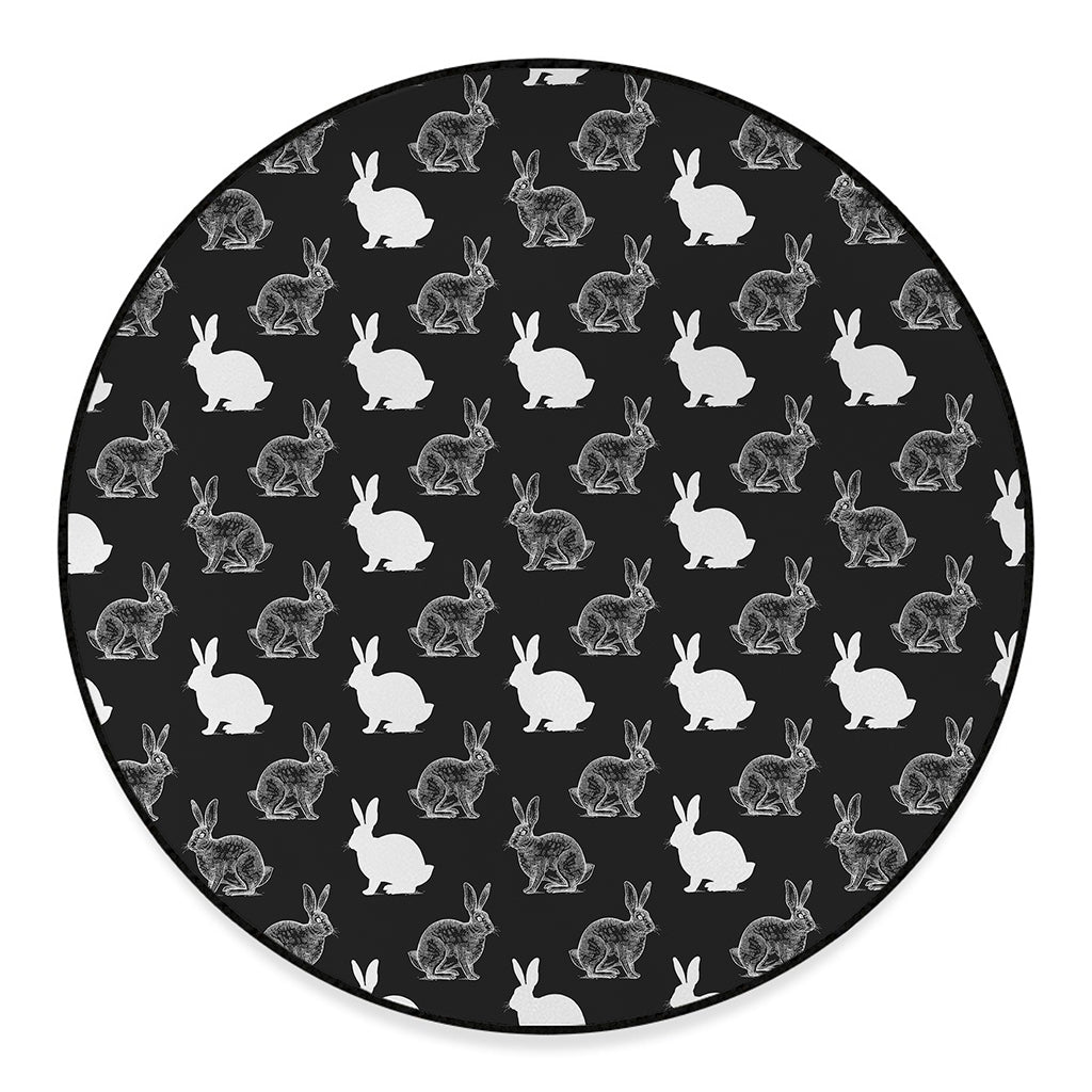 Black And White Rabbit Pattern Print Round Floor Mat