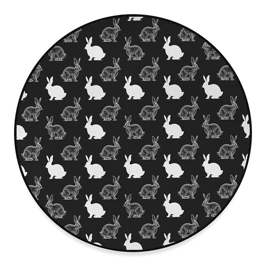 Black And White Rabbit Pattern Print Round Floor Mat