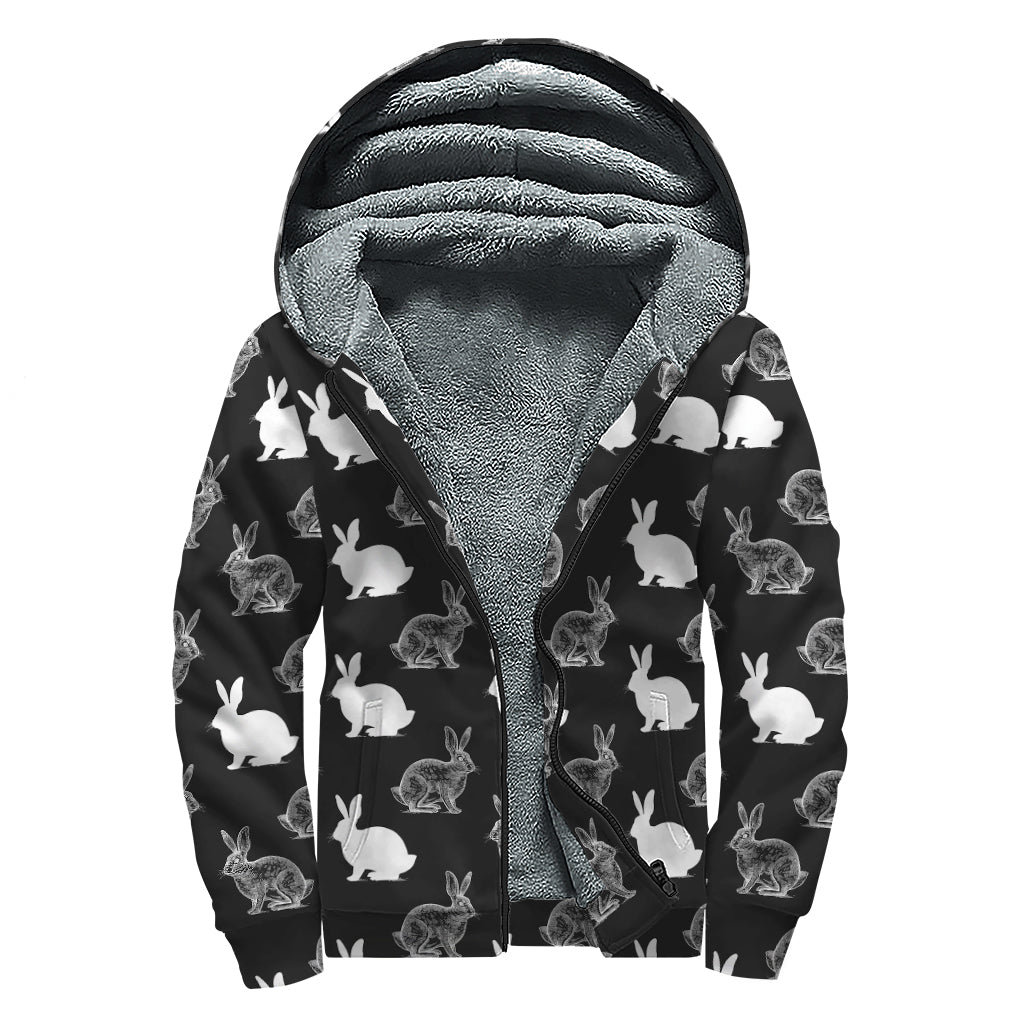 Black And White Rabbit Pattern Print Sherpa Lined Zip Up Hoodie