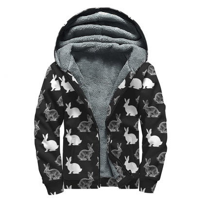 Black And White Rabbit Pattern Print Sherpa Lined Zip Up Hoodie
