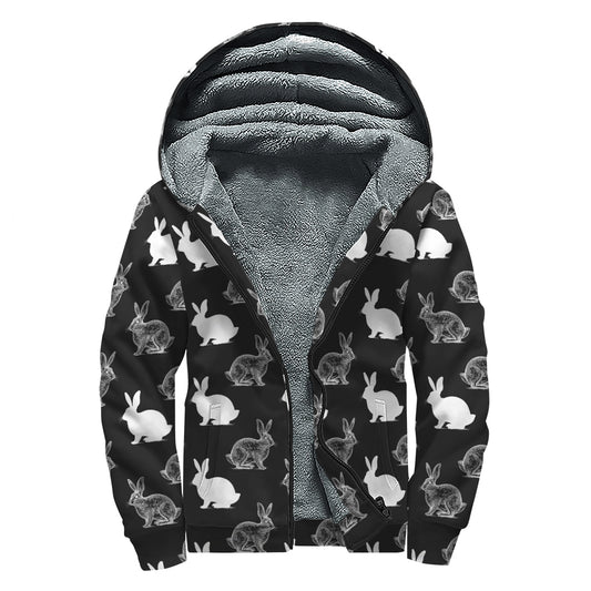 Black And White Rabbit Pattern Print Sherpa Lined Zip Up Hoodie