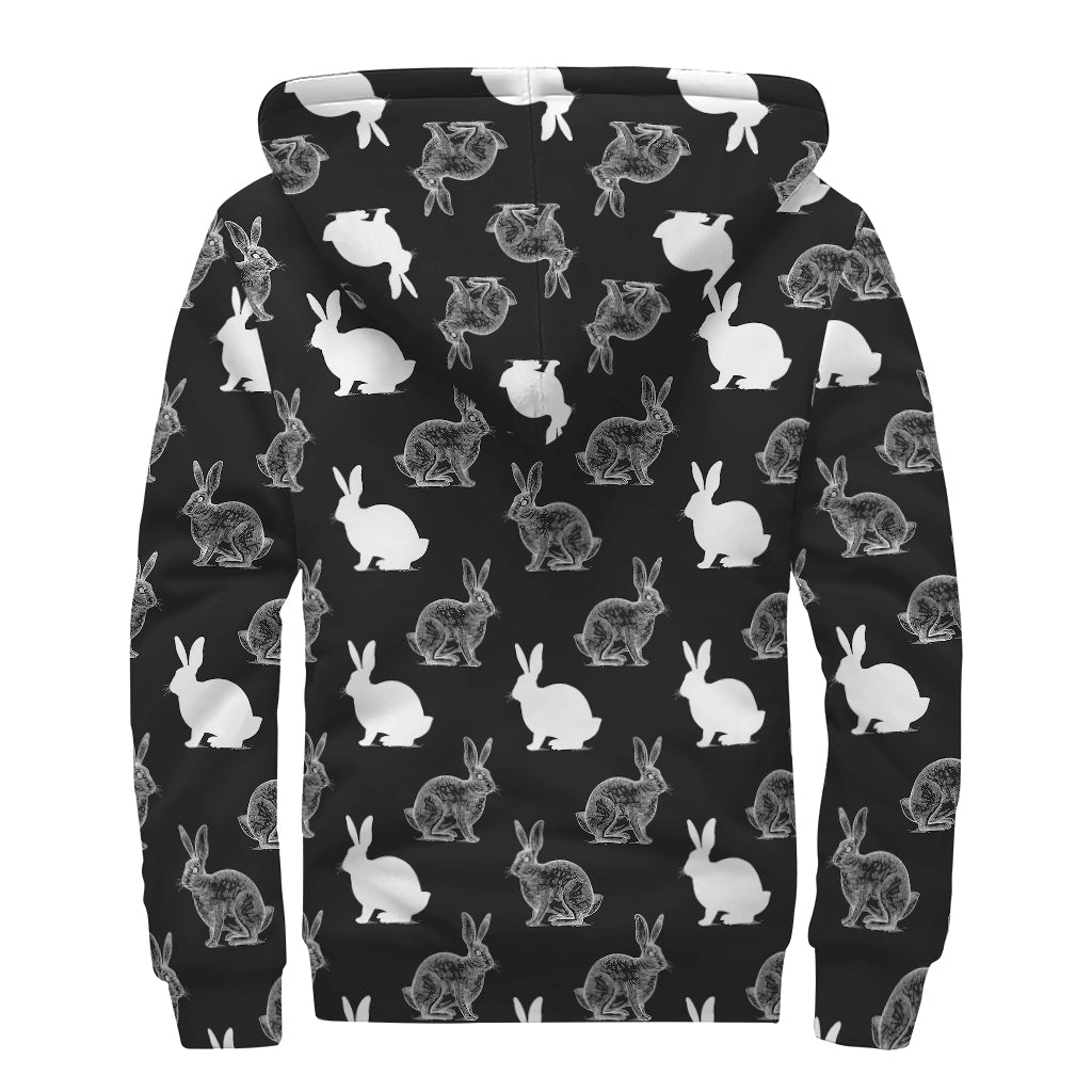 Black And White Rabbit Pattern Print Sherpa Lined Zip Up Hoodie