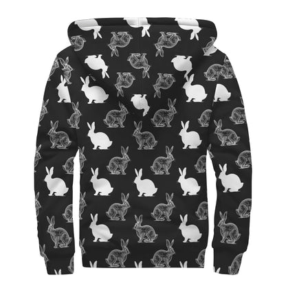 Black And White Rabbit Pattern Print Sherpa Lined Zip Up Hoodie
