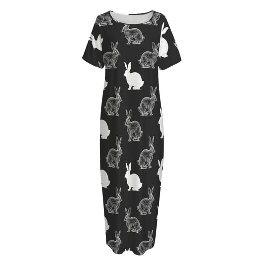 Black And White Rabbit Pattern Print Short Sleeve Long Nightdress