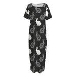 Black And White Rabbit Pattern Print Short Sleeve Long Nightdress