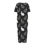 Black And White Rabbit Pattern Print Short Sleeve Long Nightdress