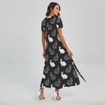 Black And White Rabbit Pattern Print Short Sleeve Maxi Dress