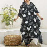 Black And White Rabbit Pattern Print Silk V-Neck Kaftan Dress