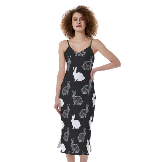 Black And White Rabbit Pattern Print Slim Fit Midi Cami Dress