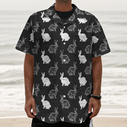 Black And White Rabbit Pattern Print Textured Short Sleeve Shirt