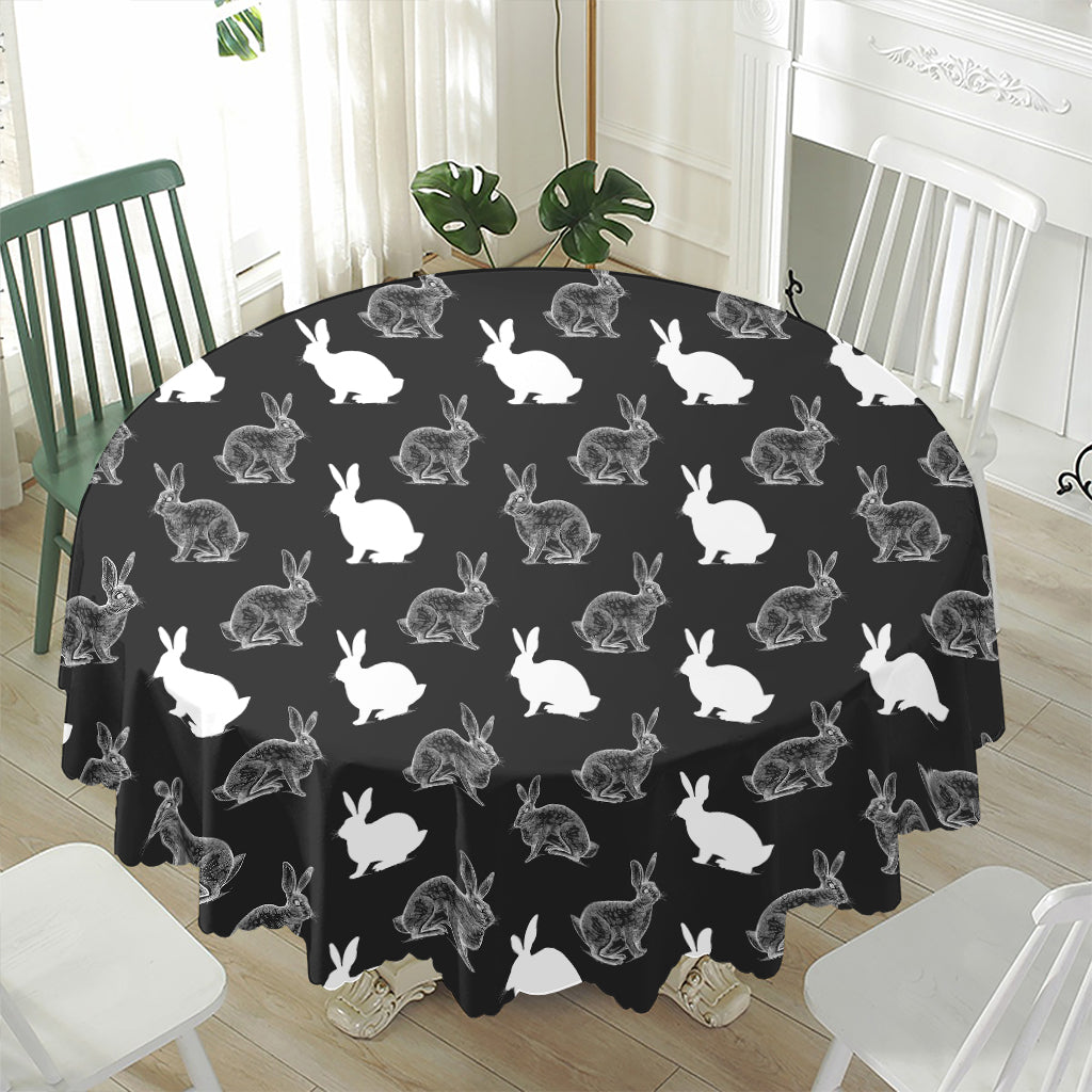 Black And White Rabbit Pattern Print Waterproof Round Tablecloth