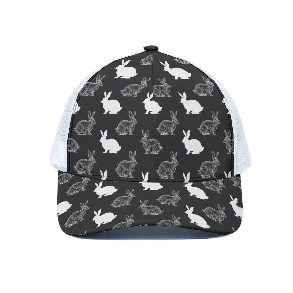 Black And White Rabbit Pattern Print White Mesh Trucker Cap
