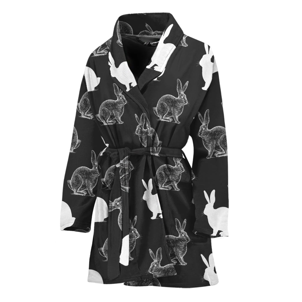 Black And White Rabbit Pattern Print Women's Bathrobe