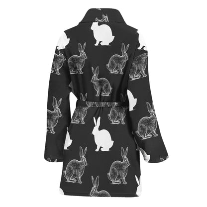 Black And White Rabbit Pattern Print Women's Bathrobe