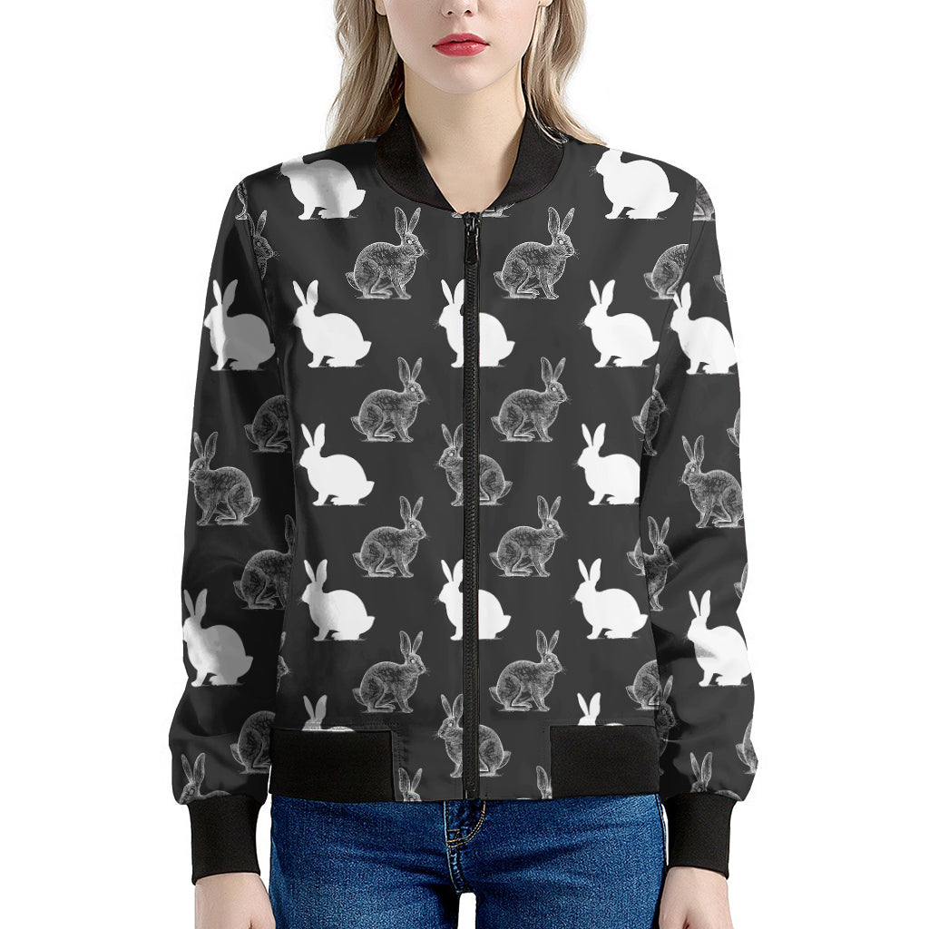 Black And White Rabbit Pattern Print Women's Bomber Jacket