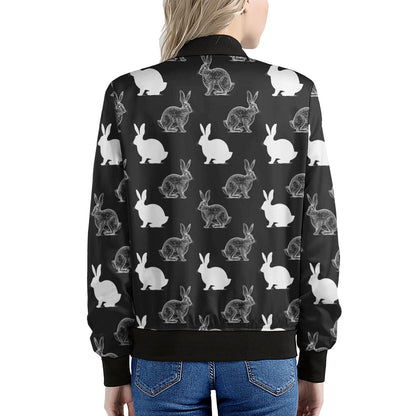 Black And White Rabbit Pattern Print Women's Bomber Jacket