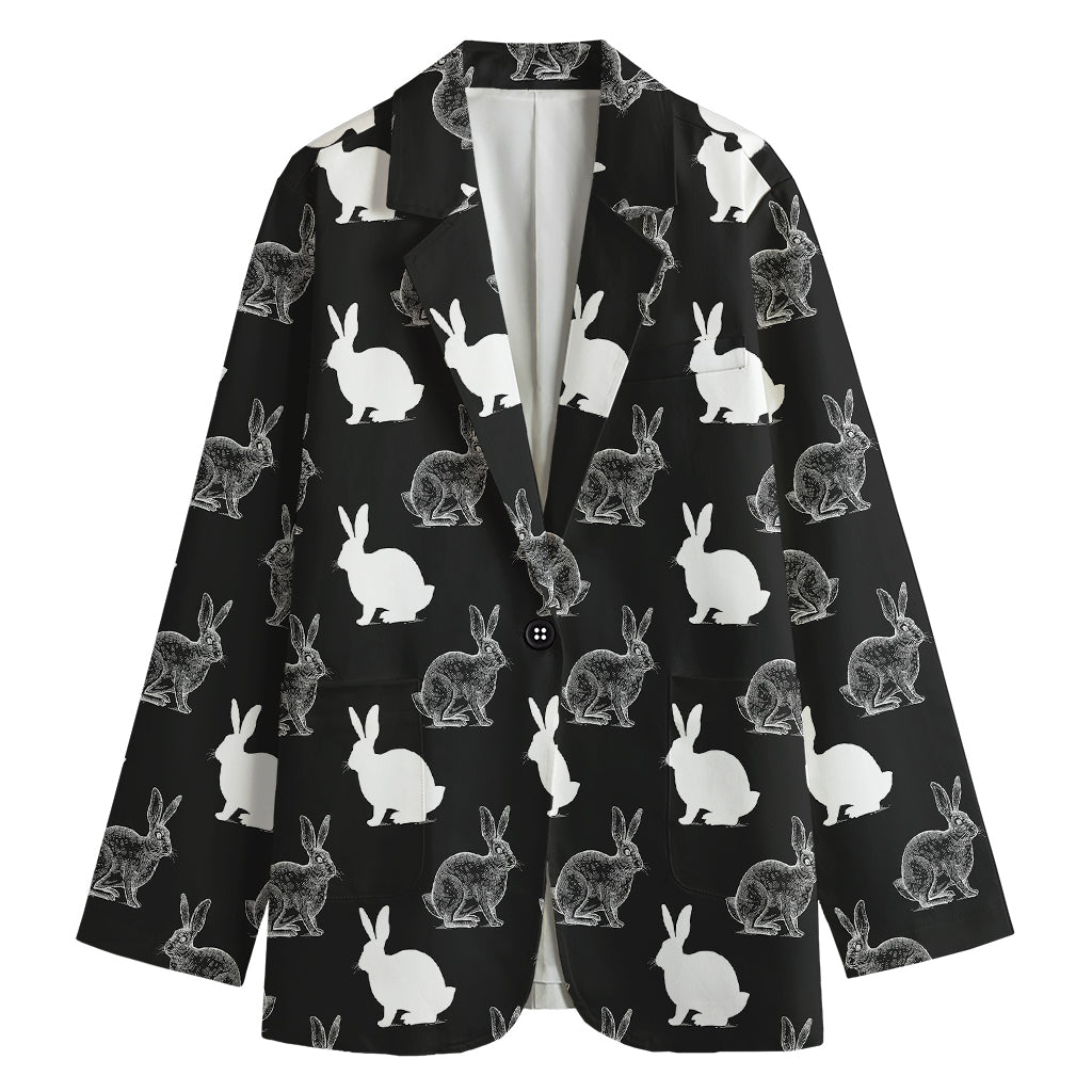 Black And White Rabbit Pattern Print Women's Cotton Blazer
