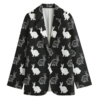 Black And White Rabbit Pattern Print Women's Cotton Blazer