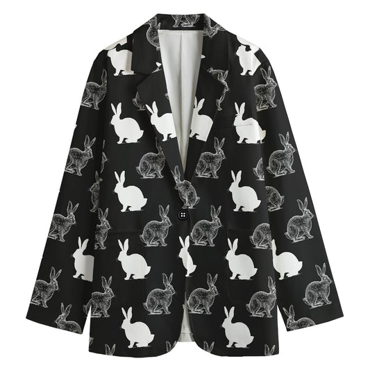 Black And White Rabbit Pattern Print Women's Cotton Blazer