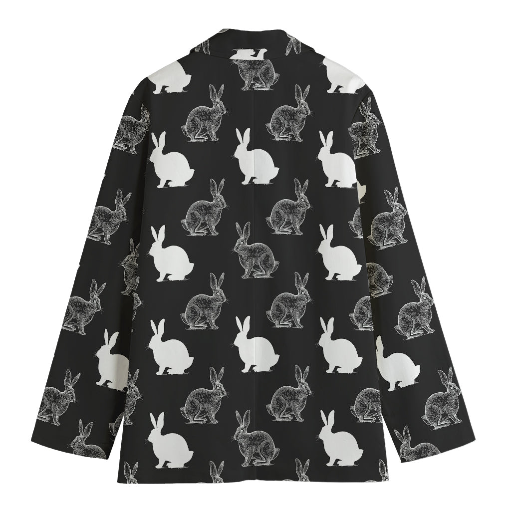 Black And White Rabbit Pattern Print Women's Cotton Blazer