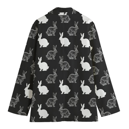 Black And White Rabbit Pattern Print Women's Cotton Blazer