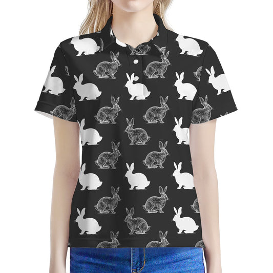 Black And White Rabbit Pattern Print Women's Polo Shirt