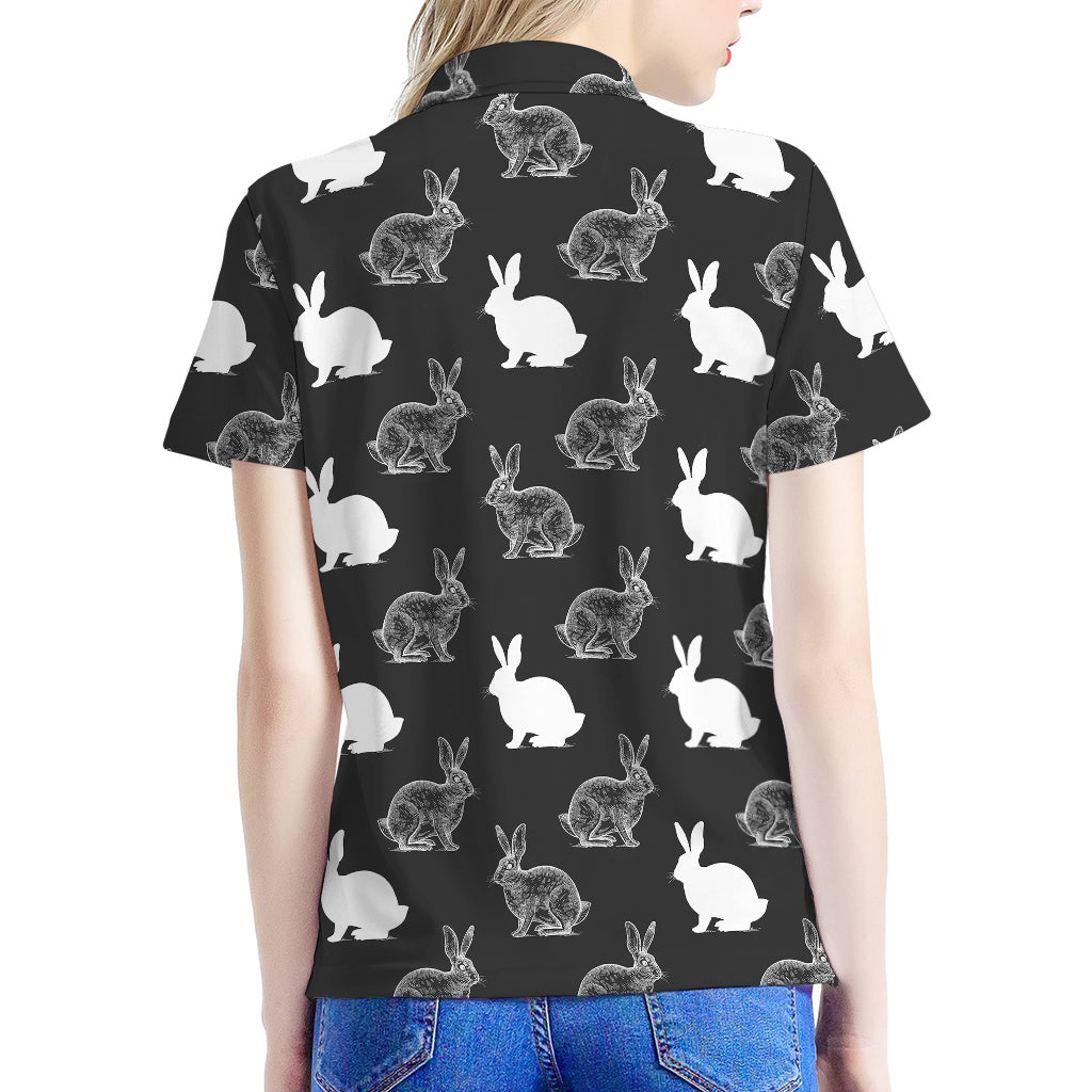 Black And White Rabbit Pattern Print Women's Polo Shirt