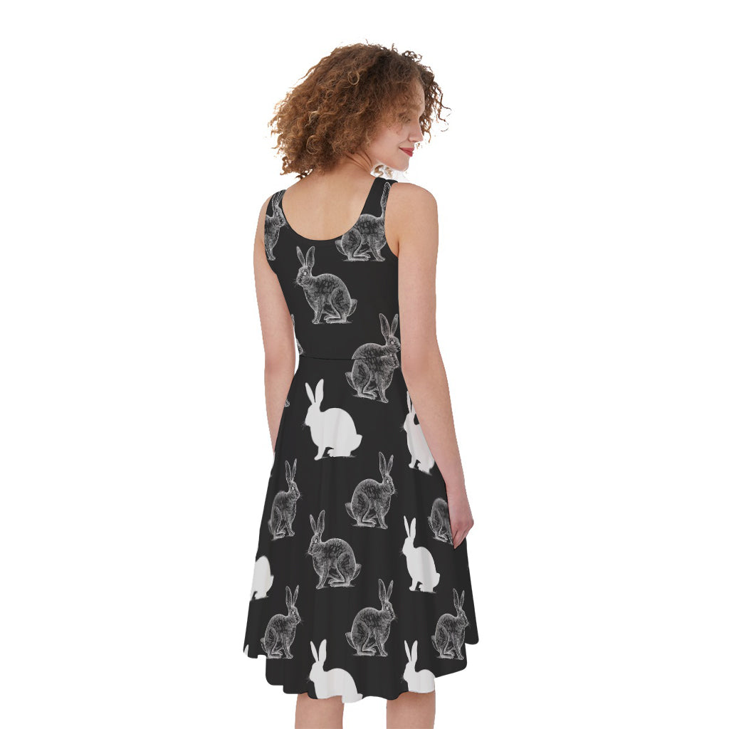 Black And White Rabbit Pattern Print Women's Sleeveless Dress