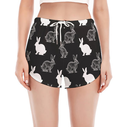 Black And White Rabbit Pattern Print Women's Split Running Shorts